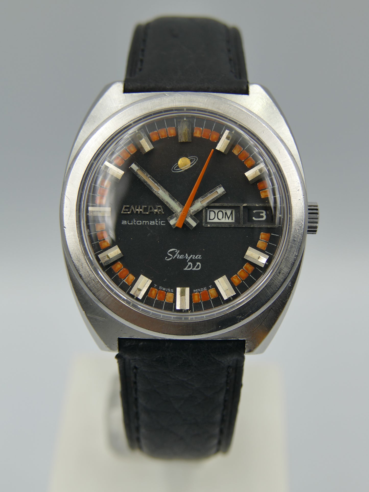 70's vintage watch mens Enicar Sherpa DD black automatic AR 167 147-01-20 steel