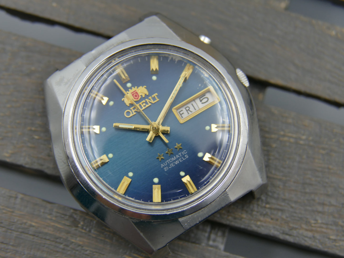 vintage watch mens Orient 3 star automatic 46941 blue dial serviced steel 38mm