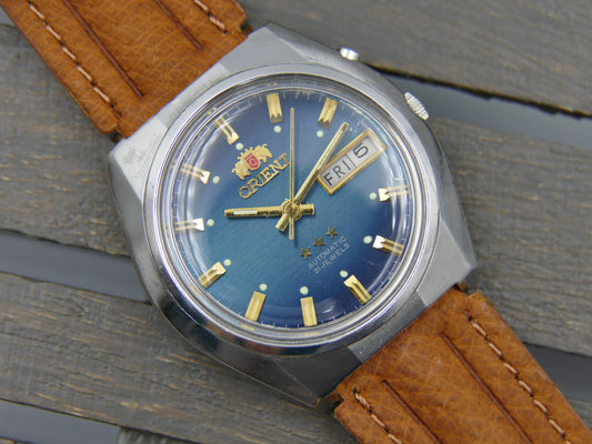 vintage watch mens Orient 3 star automatic 46941 blue dial serviced steel 38mm