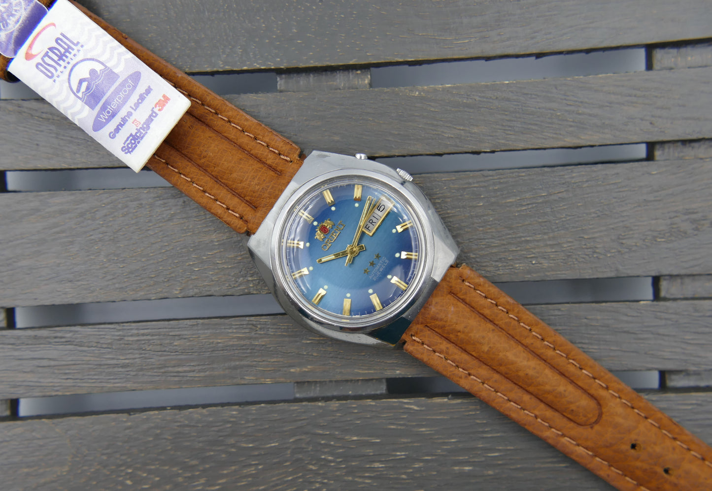 vintage watch mens Orient 3 star automatic 46941 blue dial serviced steel 38mm