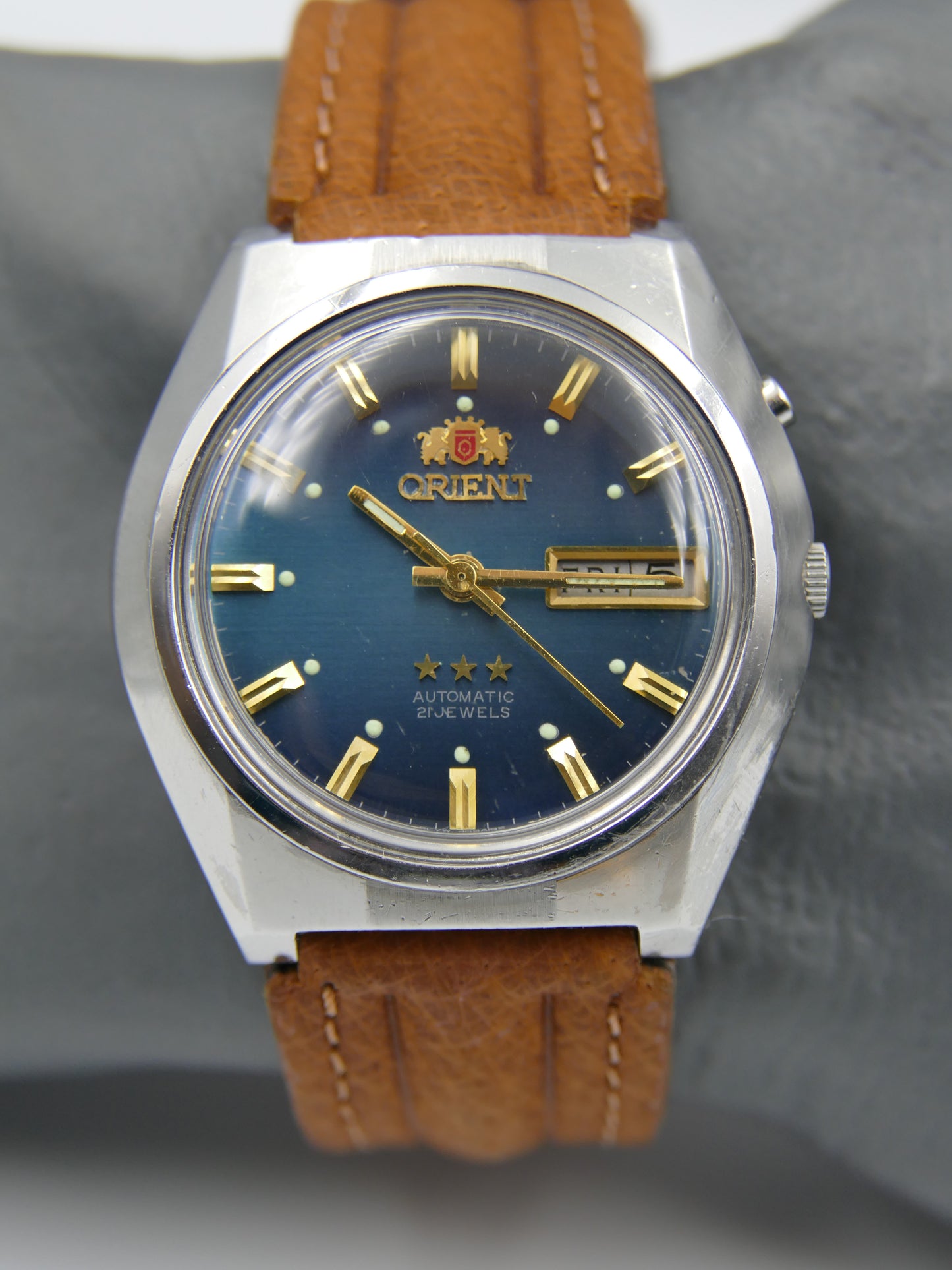 vintage watch mens Orient 3 star automatic 46941 blue dial serviced steel 38mm