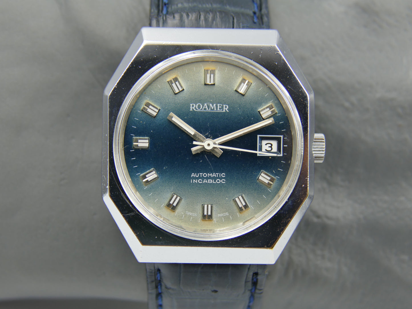 70's vintage watch mens Roamer octagonal case automatic AS 2063 blue dial rare