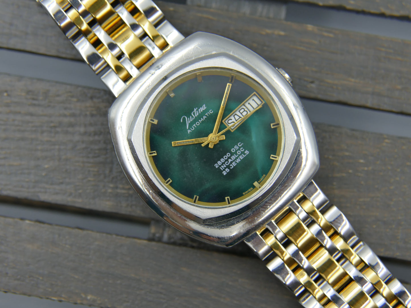 70's vintage watch mens Justina automatic 28800 OSC. ETA 2878 green dial RARE 36