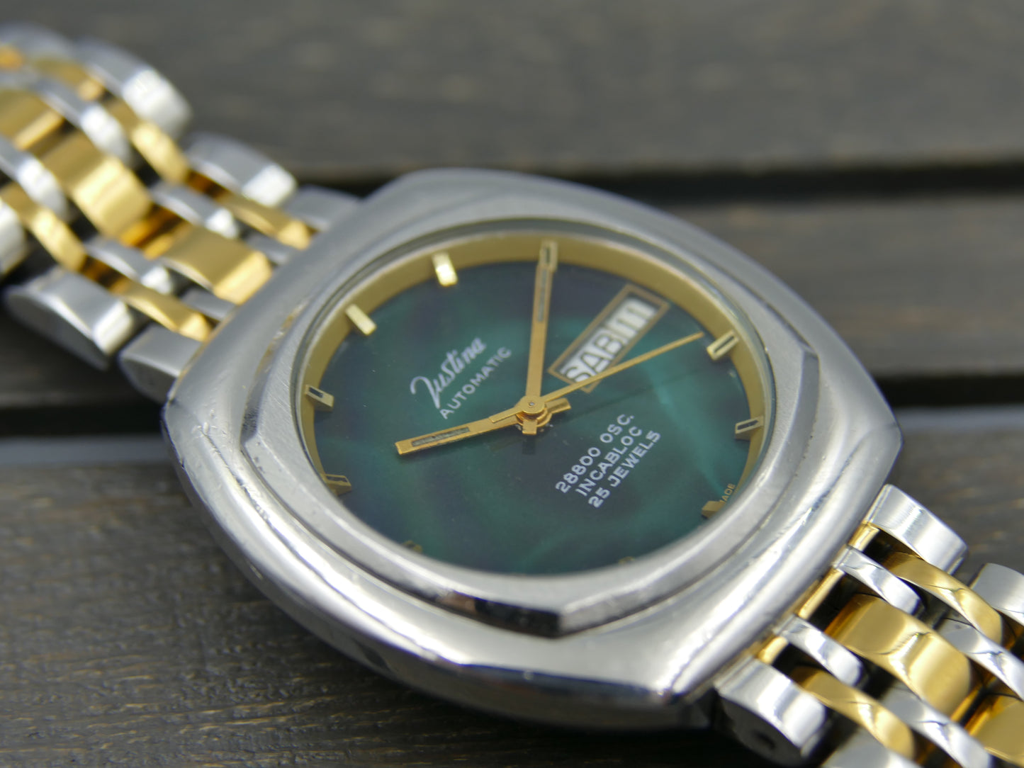 70's vintage watch mens Justina automatic 28800 OSC. ETA 2878 green dial RARE 36