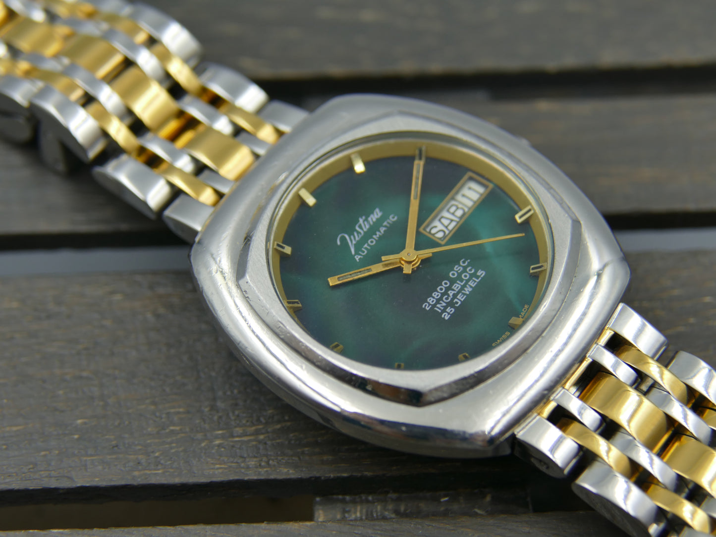 70's vintage watch mens Justina automatic 28800 OSC. ETA 2878 green dial RARE 36