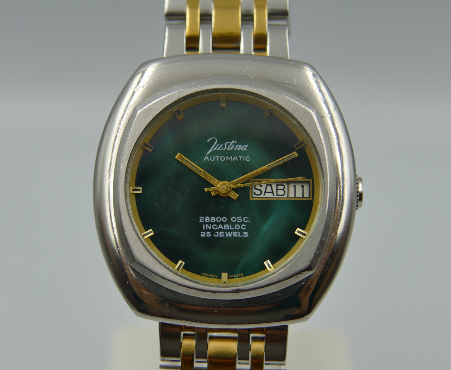 70's vintage watch mens Justina automatic 28800 OSC. ETA 2878 green dial RARE 36