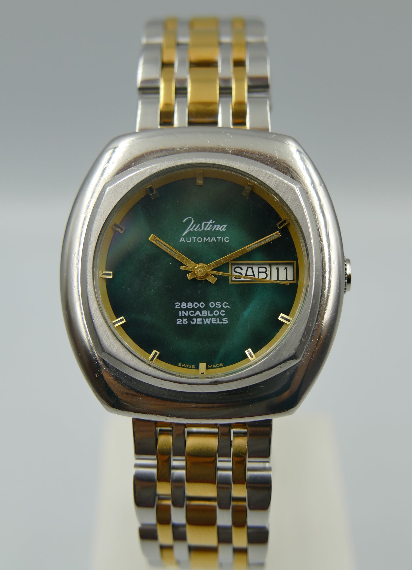 70's vintage watch mens Justina automatic 28800 OSC. ETA 2878 green dial RARE 36