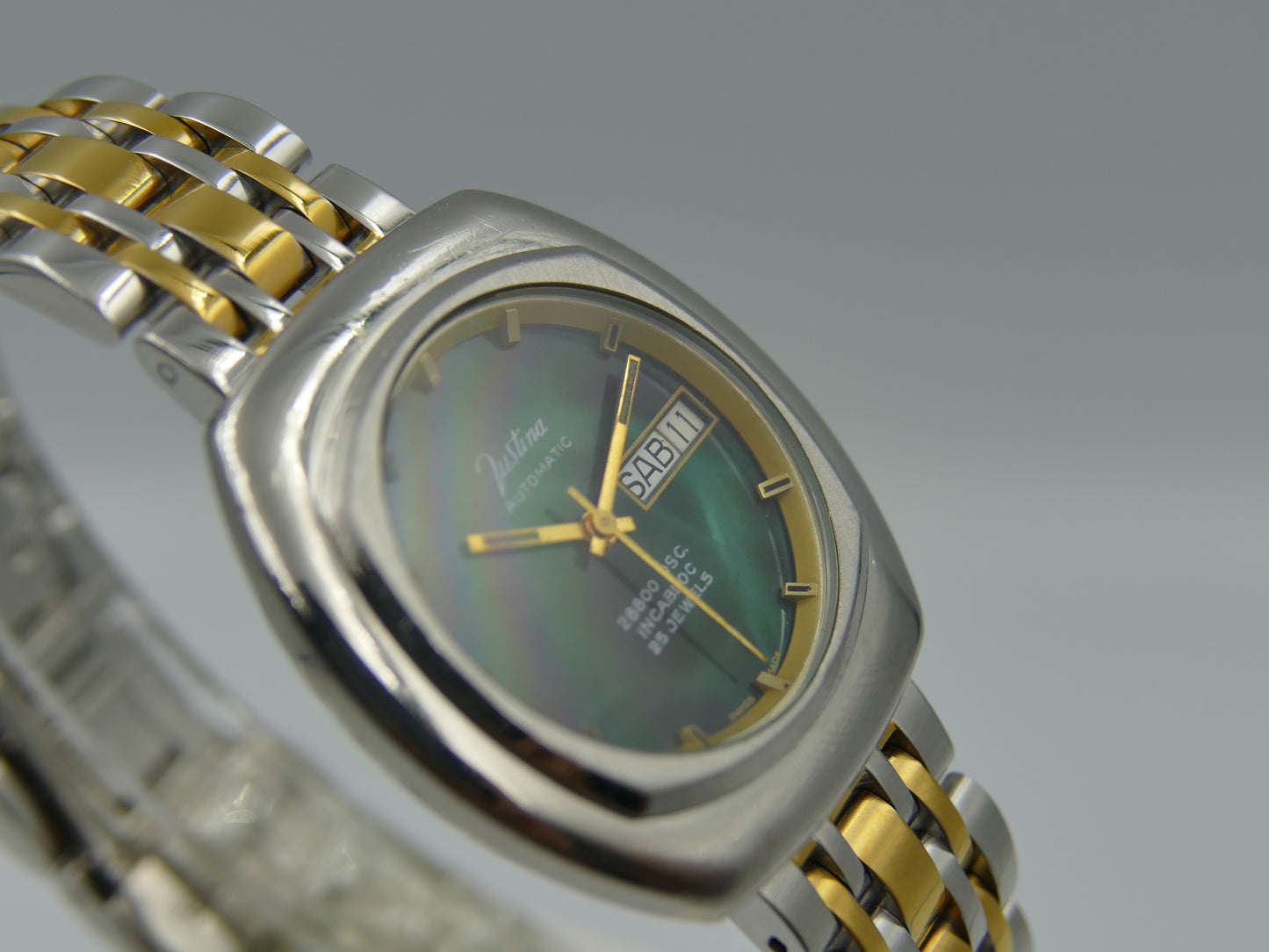 70's vintage watch mens Justina automatic 28800 OSC. ETA 2878 green dial RARE 36