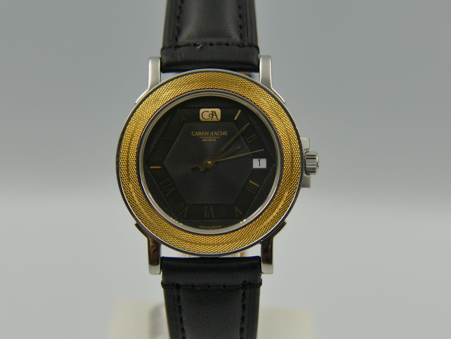 90's vintage watch mens Caran D 'ache steel / gold quartz ETA 955.412 W/ box