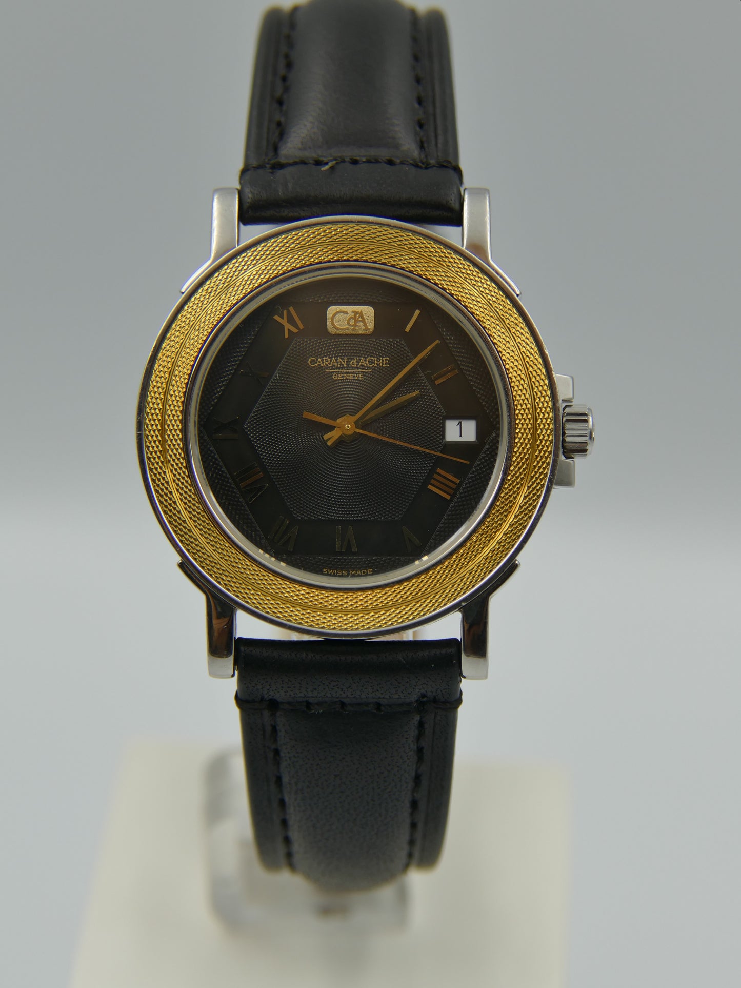 90's vintage watch mens Caran D 'ache steel / gold quartz ETA 955.412 W/ box