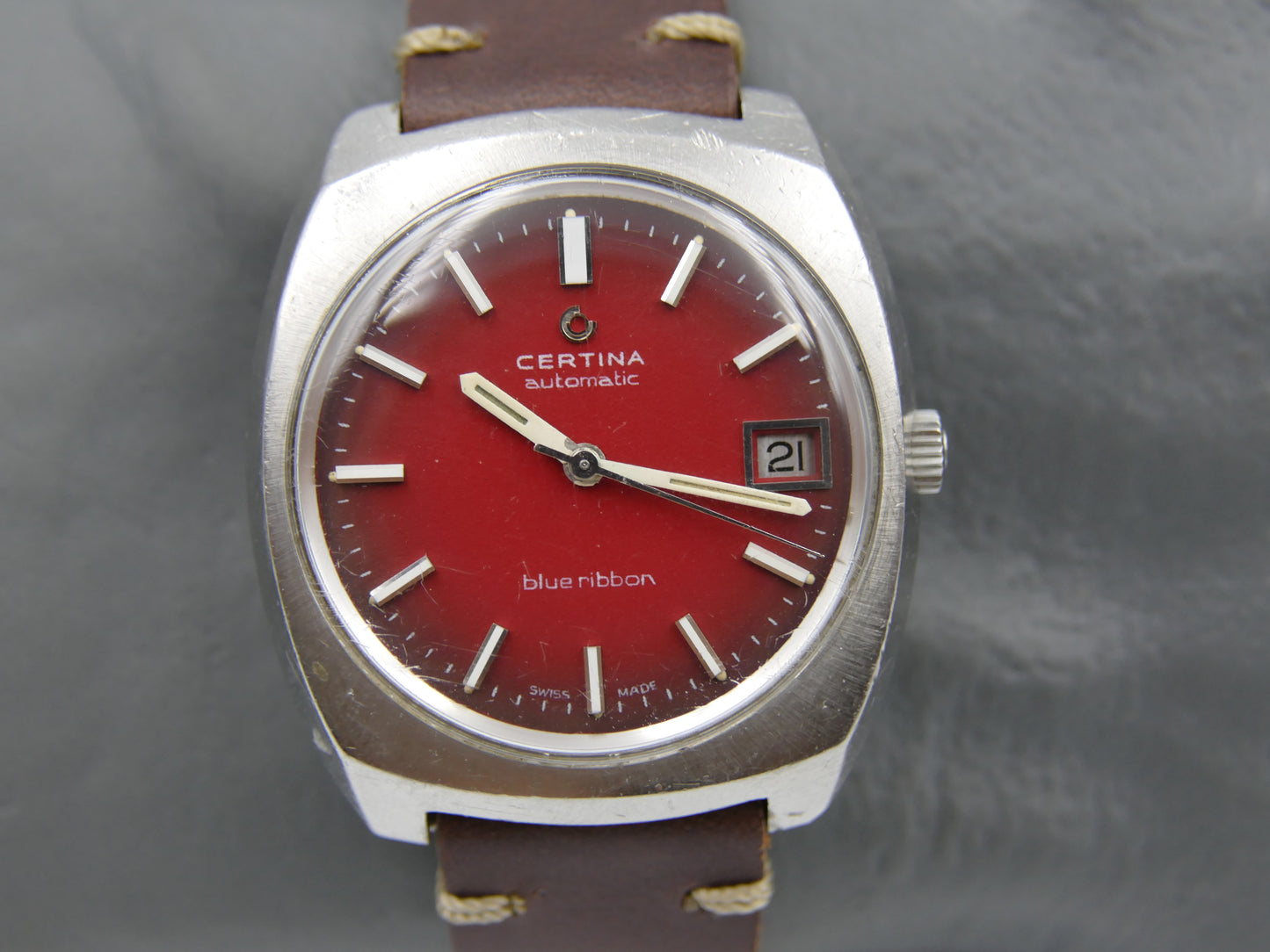 60's vintage watch mens 36mm Certina blue ribbon burgundy dial automatic 25-651