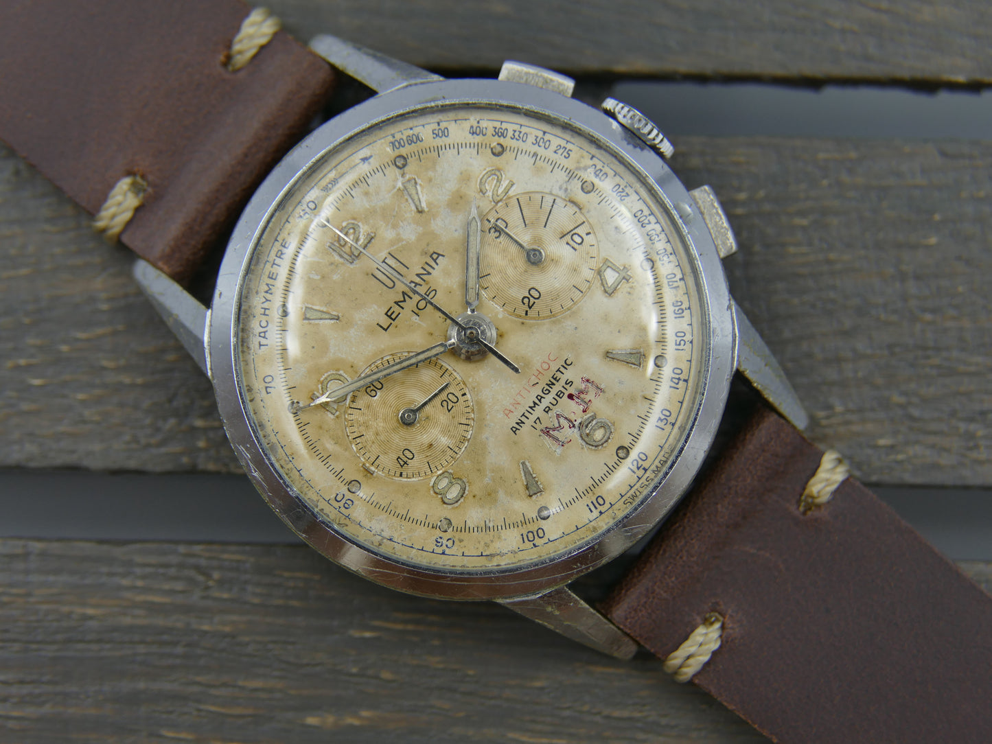 50's vintage watch mens Lemania UTI 105 chronograph lwo 1275 serviced 35mm