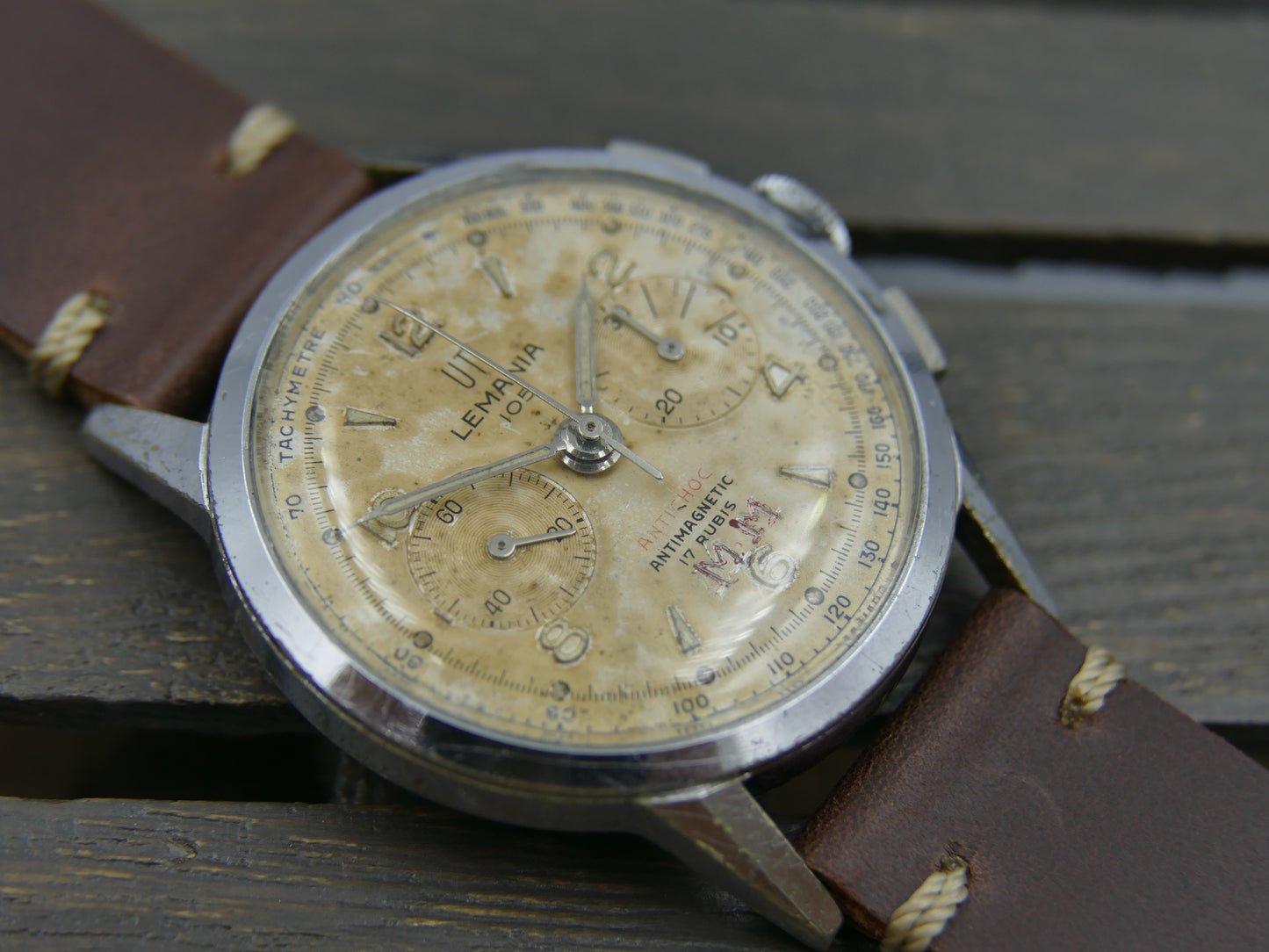 50's vintage watch mens Lemania UTI 105 chronograph lwo 1275 serviced 35mm