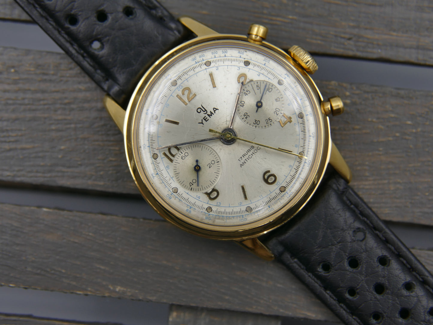 60's vintage watch mens Yema chronograph valjoux 92 gold PL serviced