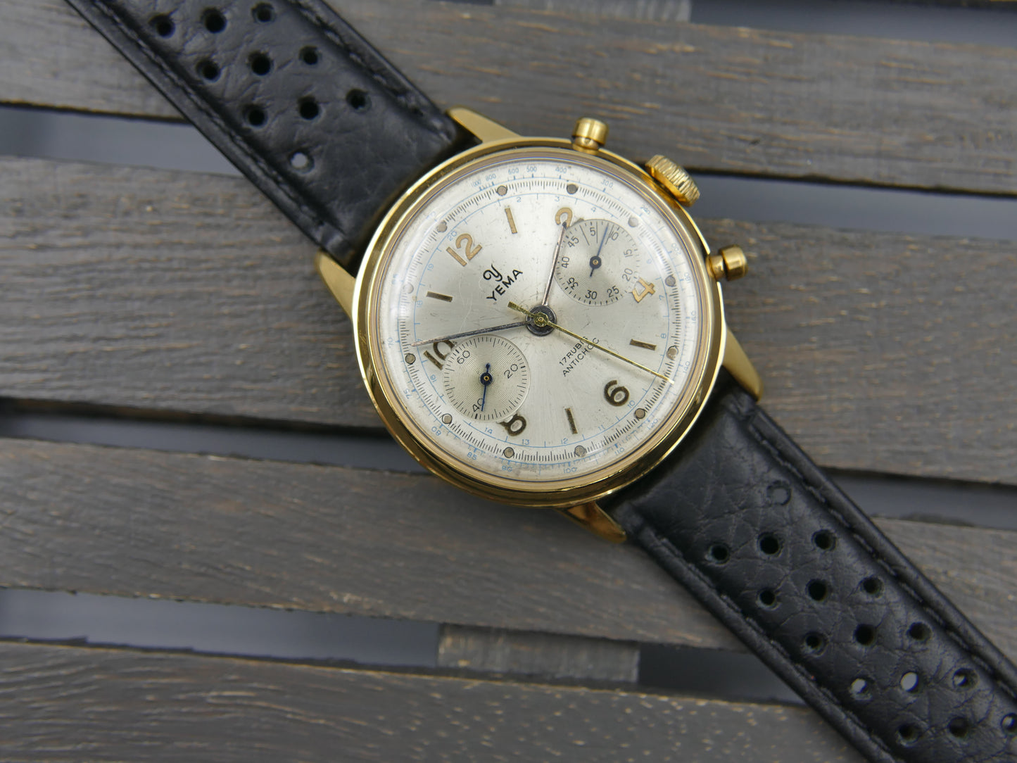 60's vintage watch mens Yema chronograph valjoux 92 gold PL serviced