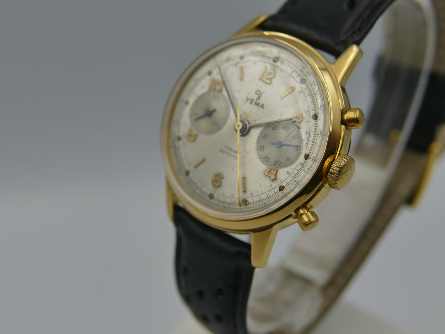 60's vintage watch mens Yema chronograph valjoux 92 gold PL serviced