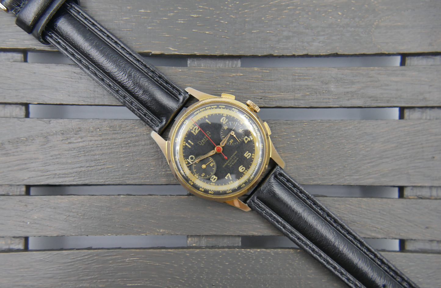 50's vintage watch mens Dreffa geneve chronograph manual wind landeron 51 black