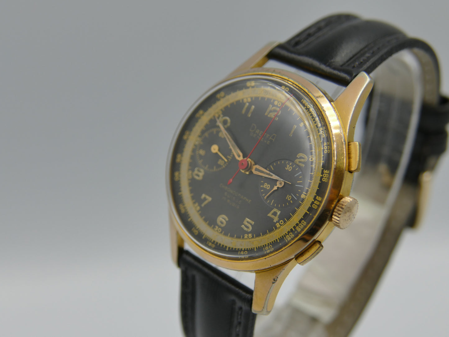 50's vintage watch mens Dreffa geneve chronograph manual wind landeron 51 black