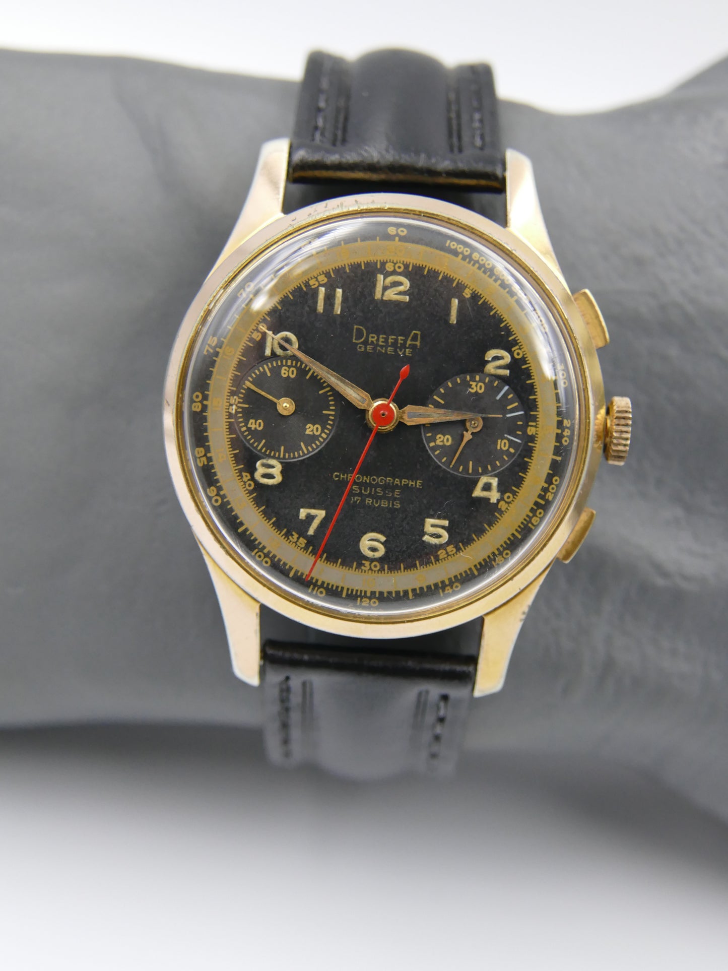 50's vintage watch mens Dreffa geneve chronograph manual wind landeron 51 black