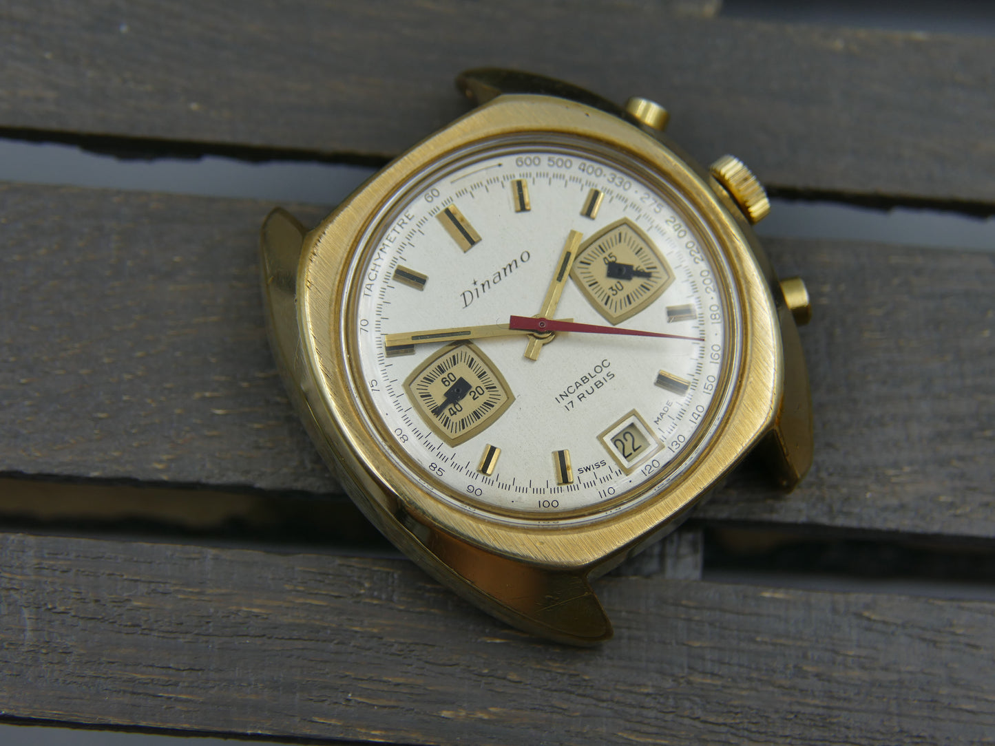 70's vintage watch mens Dinamo chronograph valjoux 7734 gold pl serviced rare