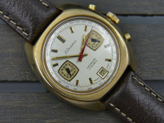 70's vintage watch mens Dinamo chronograph valjoux 7734 gold pl serviced rare