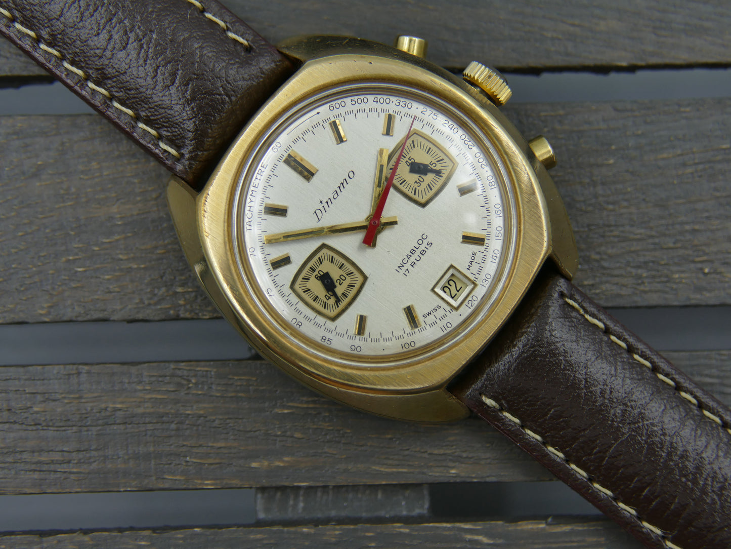 70's vintage watch mens Dinamo chronograph valjoux 7734 gold pl serviced rare