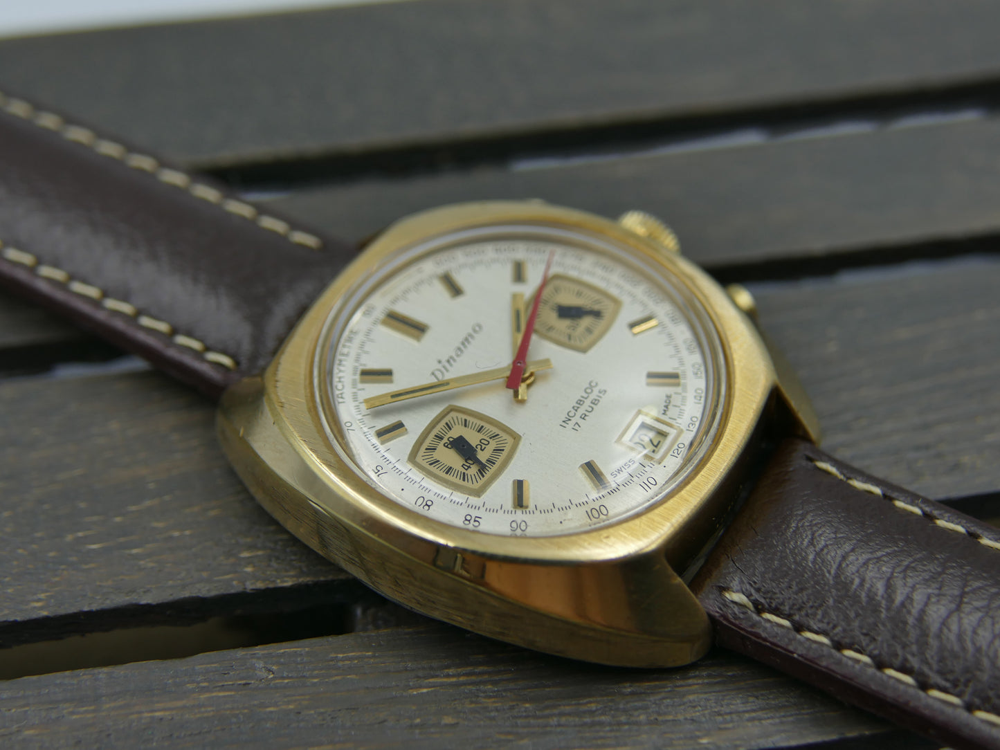 70's vintage watch mens Dinamo chronograph valjoux 7734 gold pl serviced rare