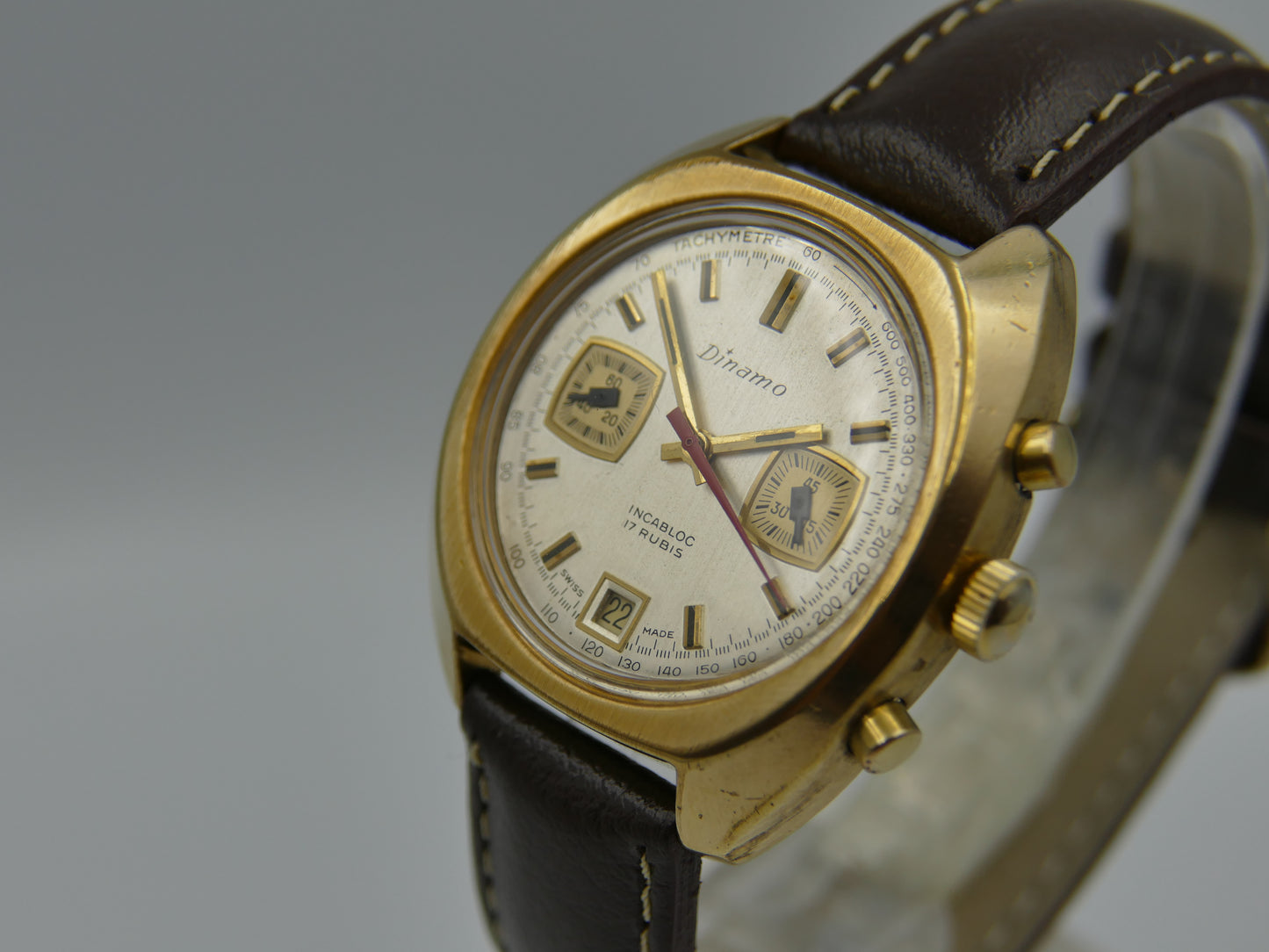 70's vintage watch mens Dinamo chronograph valjoux 7734 gold pl serviced rare