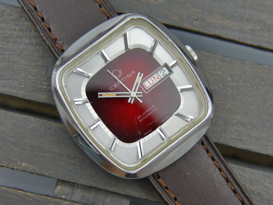 70's vintage watch mens Certina automatic ETA 2789 steel big TV burgundy dial