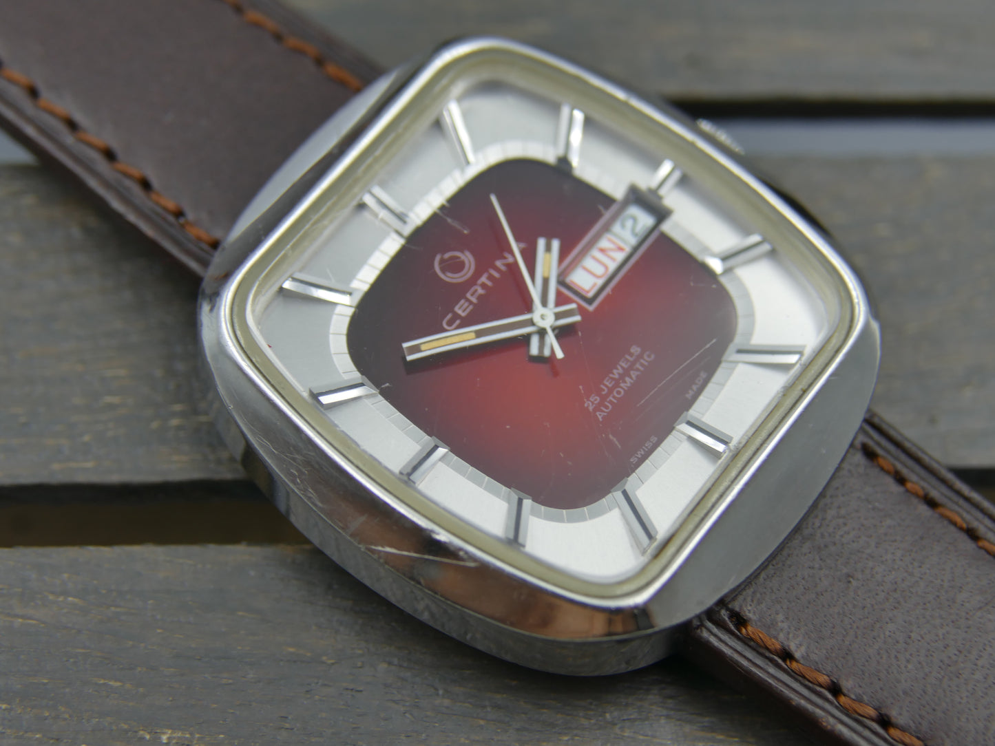 70's vintage watch mens Certina automatic ETA 2789 steel big TV burgundy dial