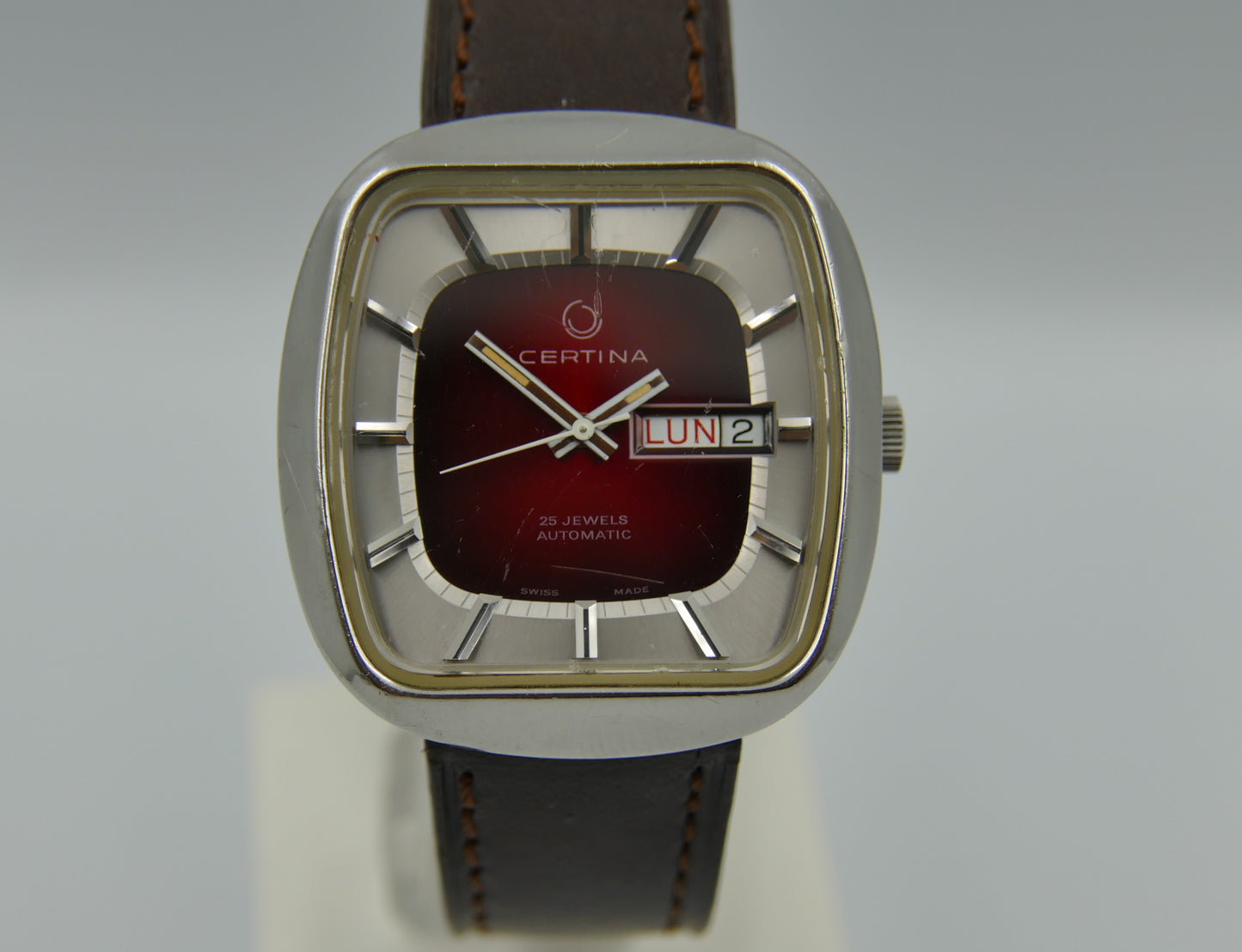 70's vintage watch mens Certina automatic ETA 2789 steel big TV burgundy dial