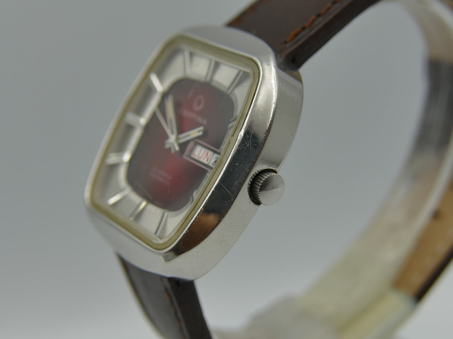 70's vintage watch mens Certina automatic ETA 2789 steel big TV burgundy dial