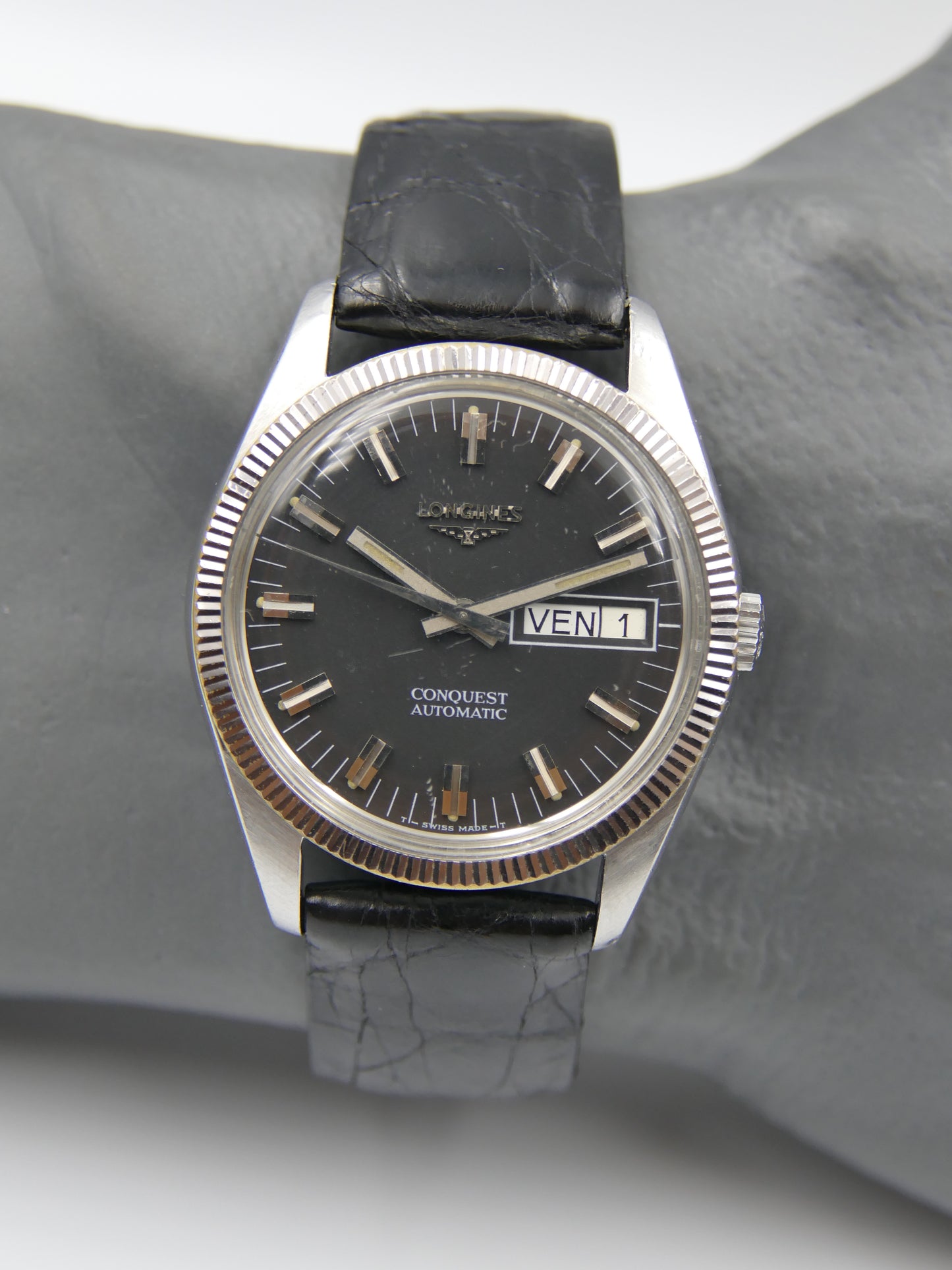 70s vintage mens Longines Conquest 1567-1 / 7971 automatic L636.1 black 36mm