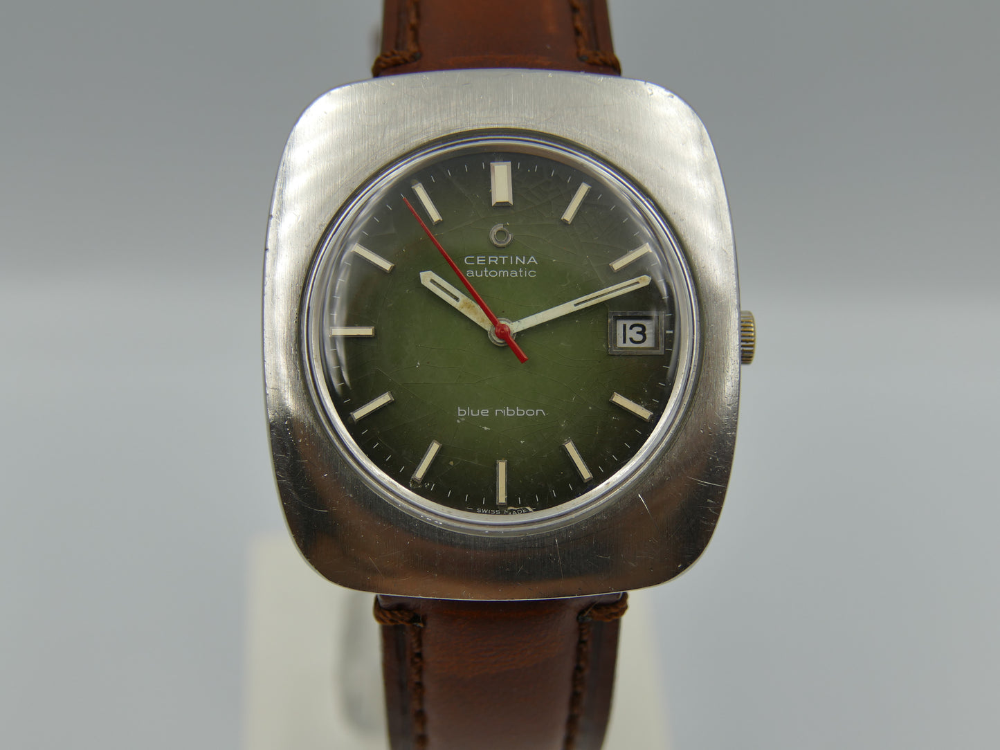 70's vintage watch mens Certina blue ribbon green dial rare big case steel 38mm