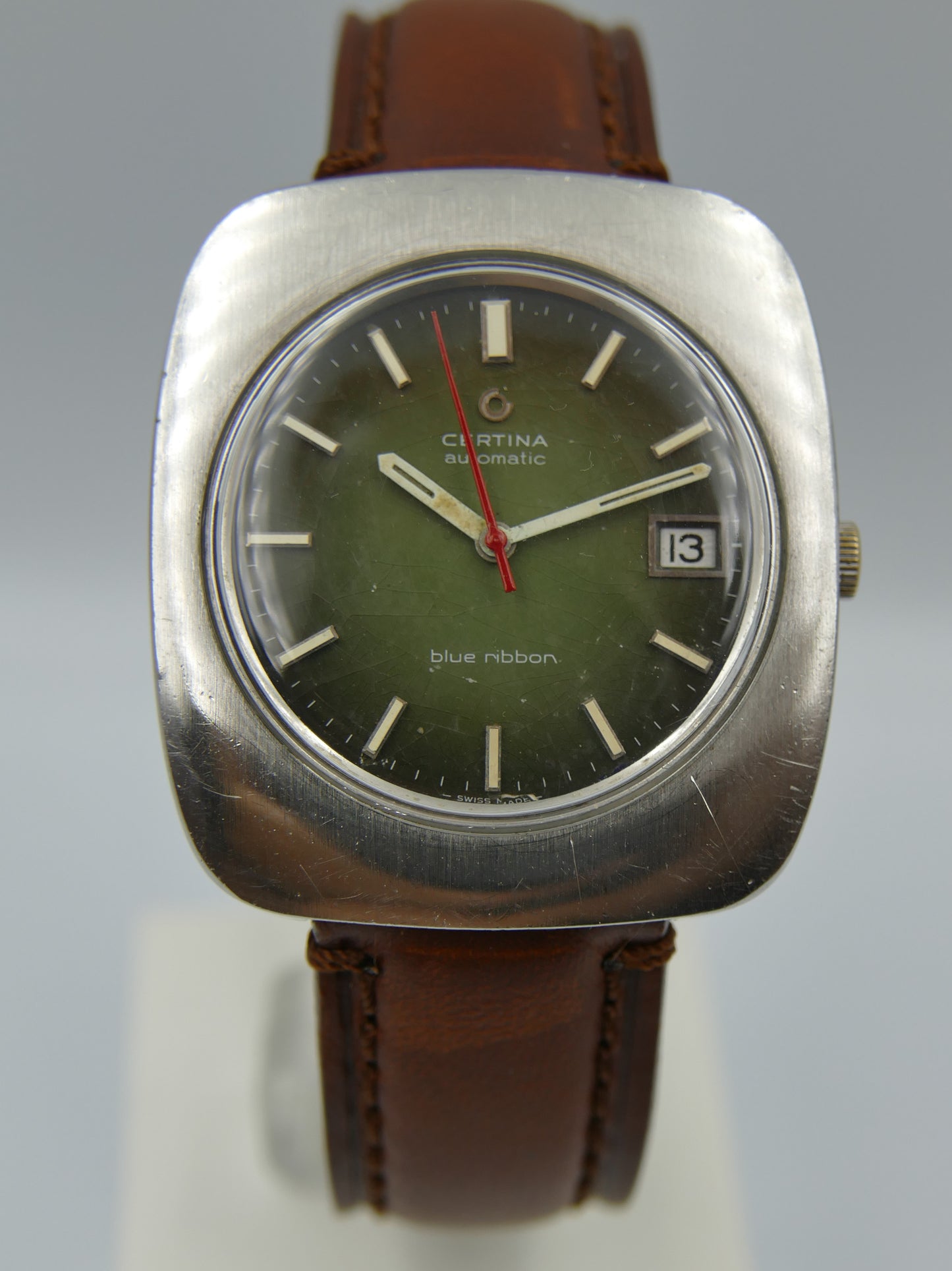 70's vintage watch mens Certina blue ribbon green dial rare big case steel 38mm