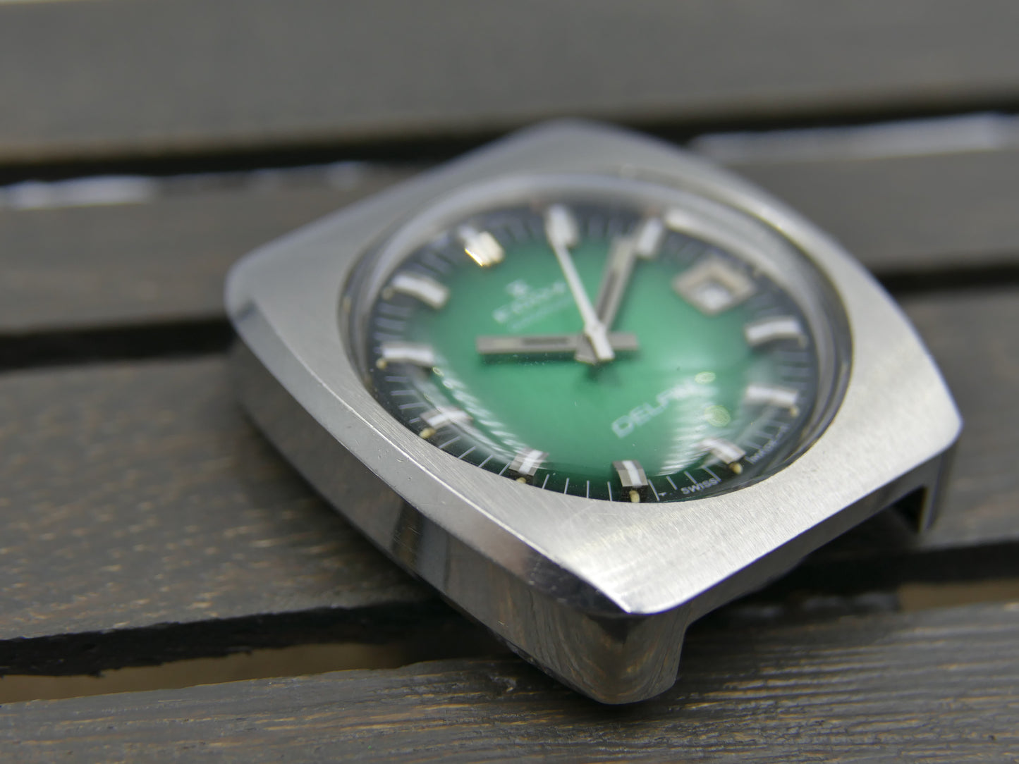 70's vintage watch mens Edox DELFIN automatic Eta 2783 green dial serviced rare