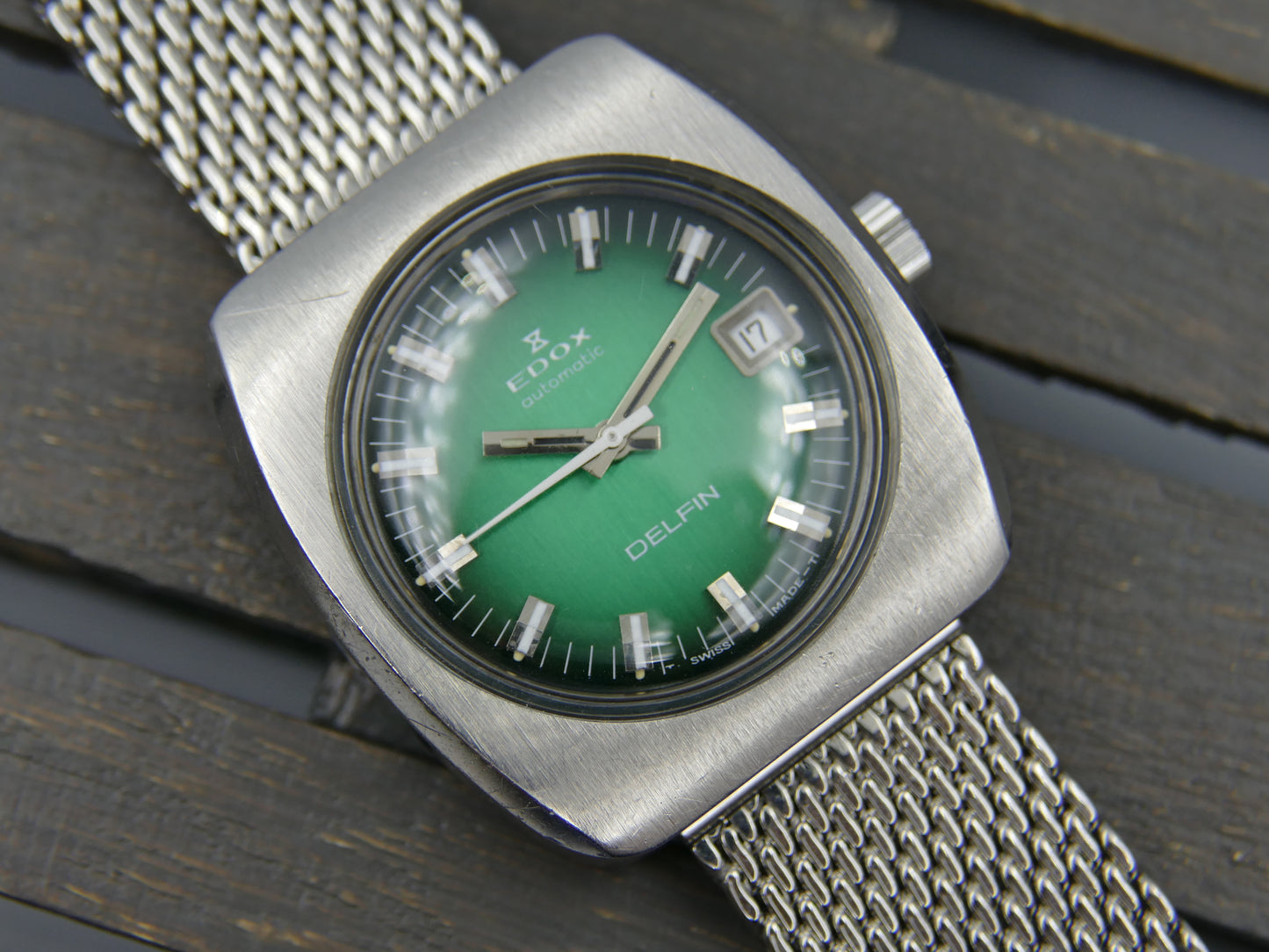 70's vintage watch mens Edox DELFIN automatic Eta 2783 green dial serviced rare