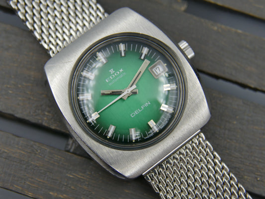 70's vintage watch mens Edox DELFIN automatic Eta 2783 green dial serviced rare