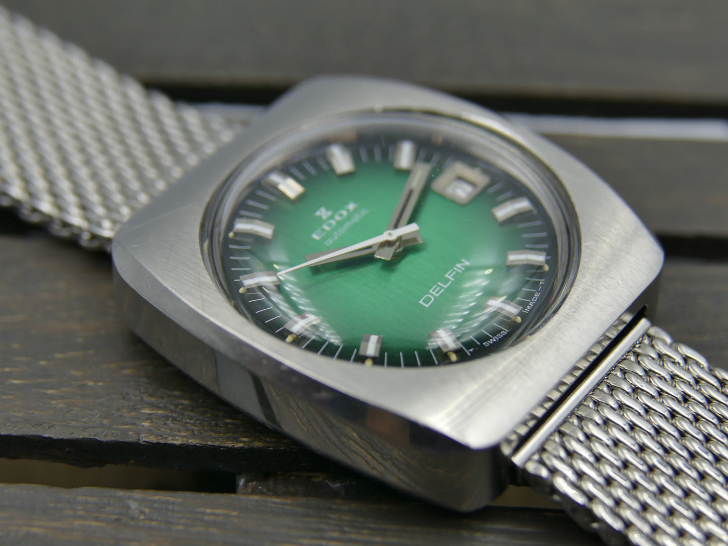 70's vintage watch mens Edox DELFIN automatic Eta 2783 green dial serviced rare