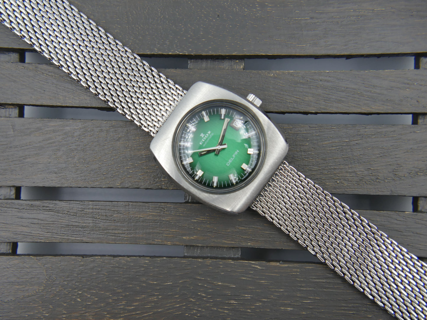 70's vintage watch mens Edox DELFIN automatic Eta 2783 green dial serviced rare