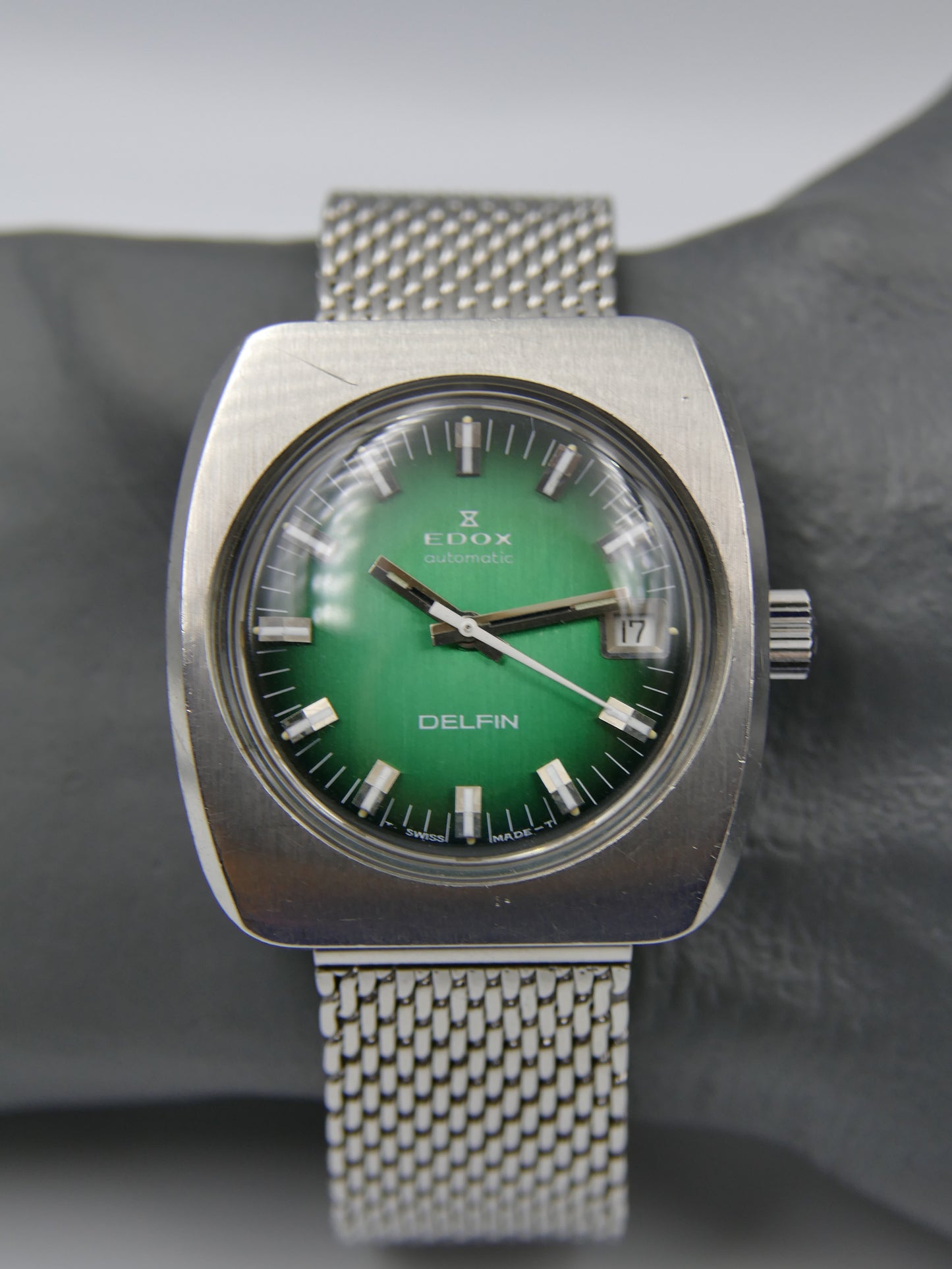 70's vintage watch mens Edox DELFIN automatic Eta 2783 green dial serviced rare