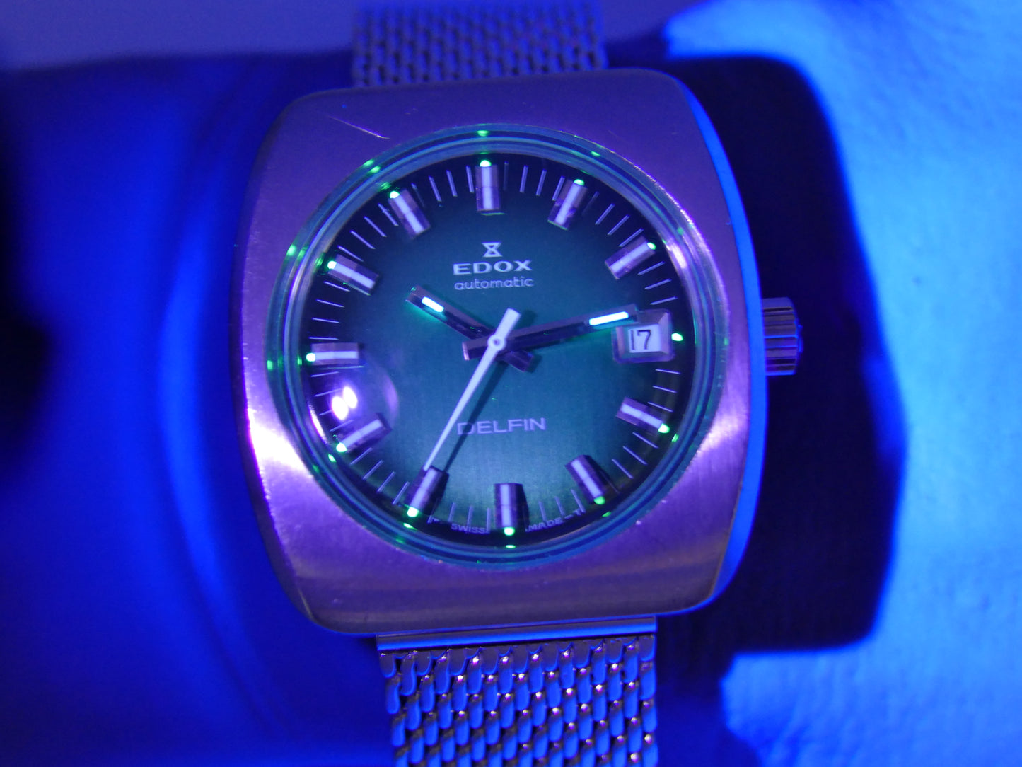 70's vintage watch mens Edox DELFIN automatic Eta 2783 green dial serviced rare