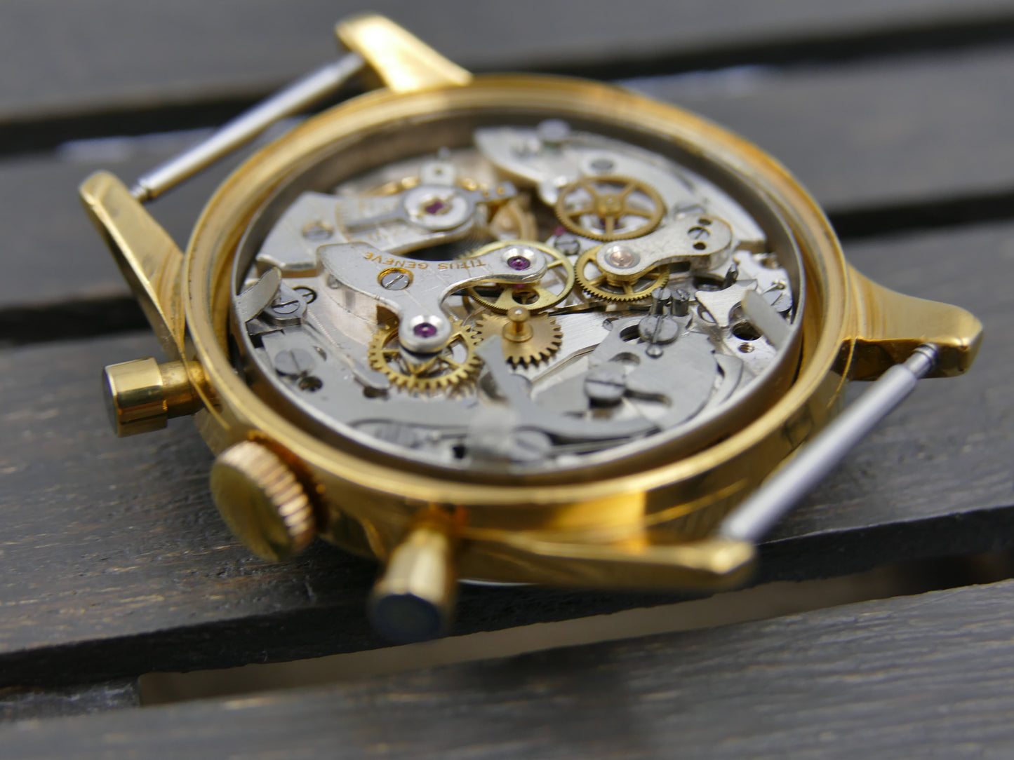 50's vintage watch mens Titus Genève ref 957 Chronograph Landeron 48 gold pl 37mm