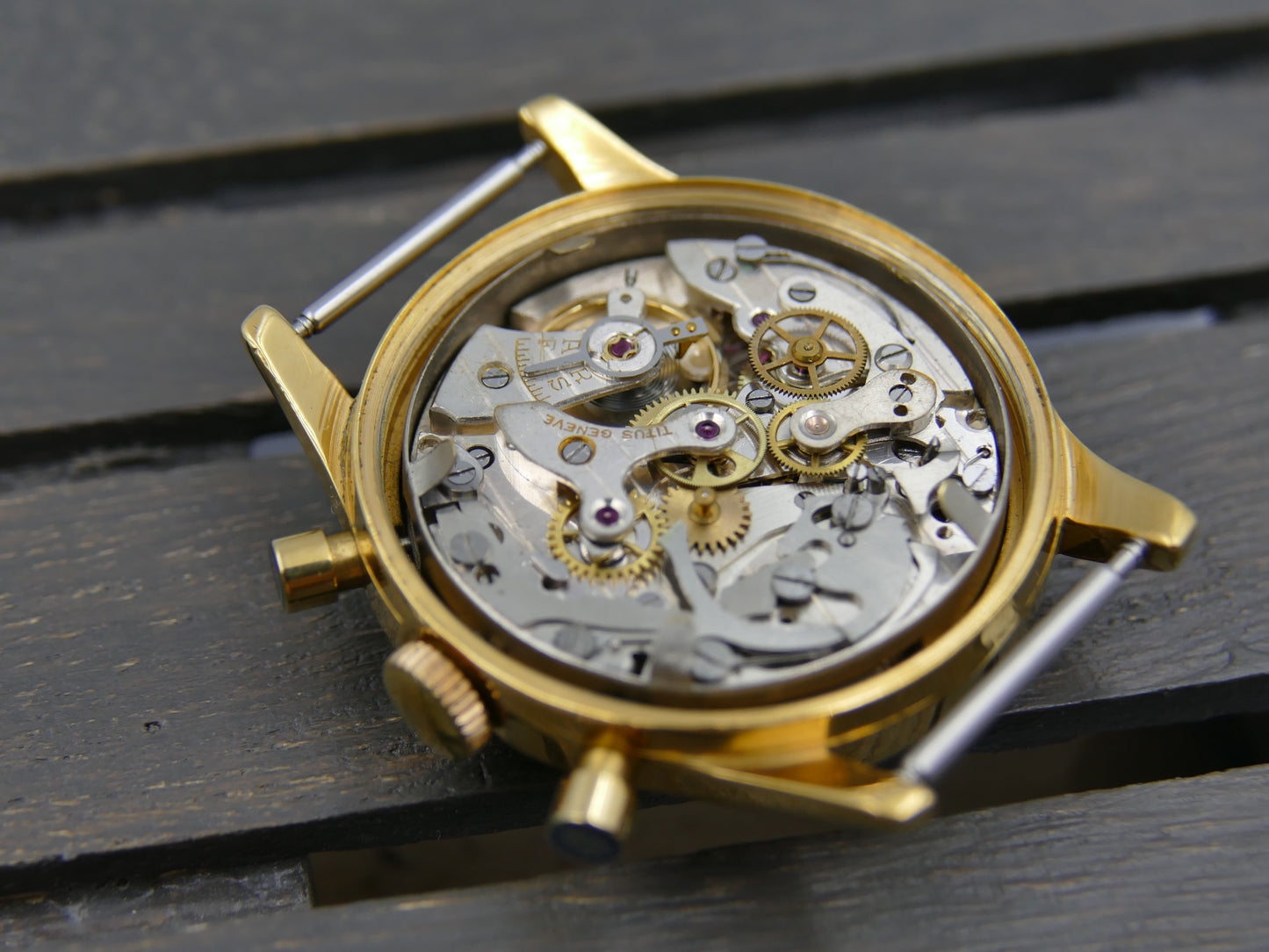 50's vintage watch mens Titus Genève ref 957 Chronograph Landeron 48 gold pl 37mm