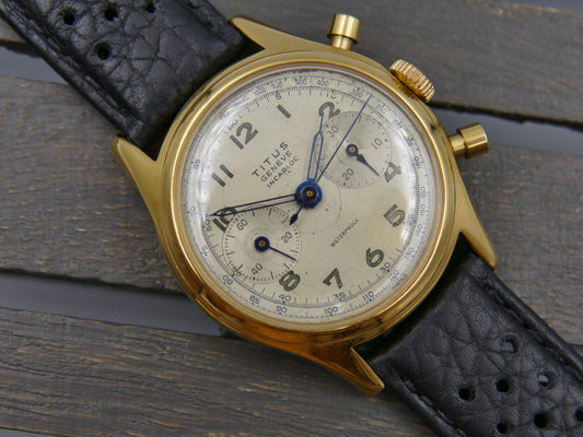 50's vintage watch mens Titus Genève ref 957 Chronograph Landeron 48 gold pl 37mm