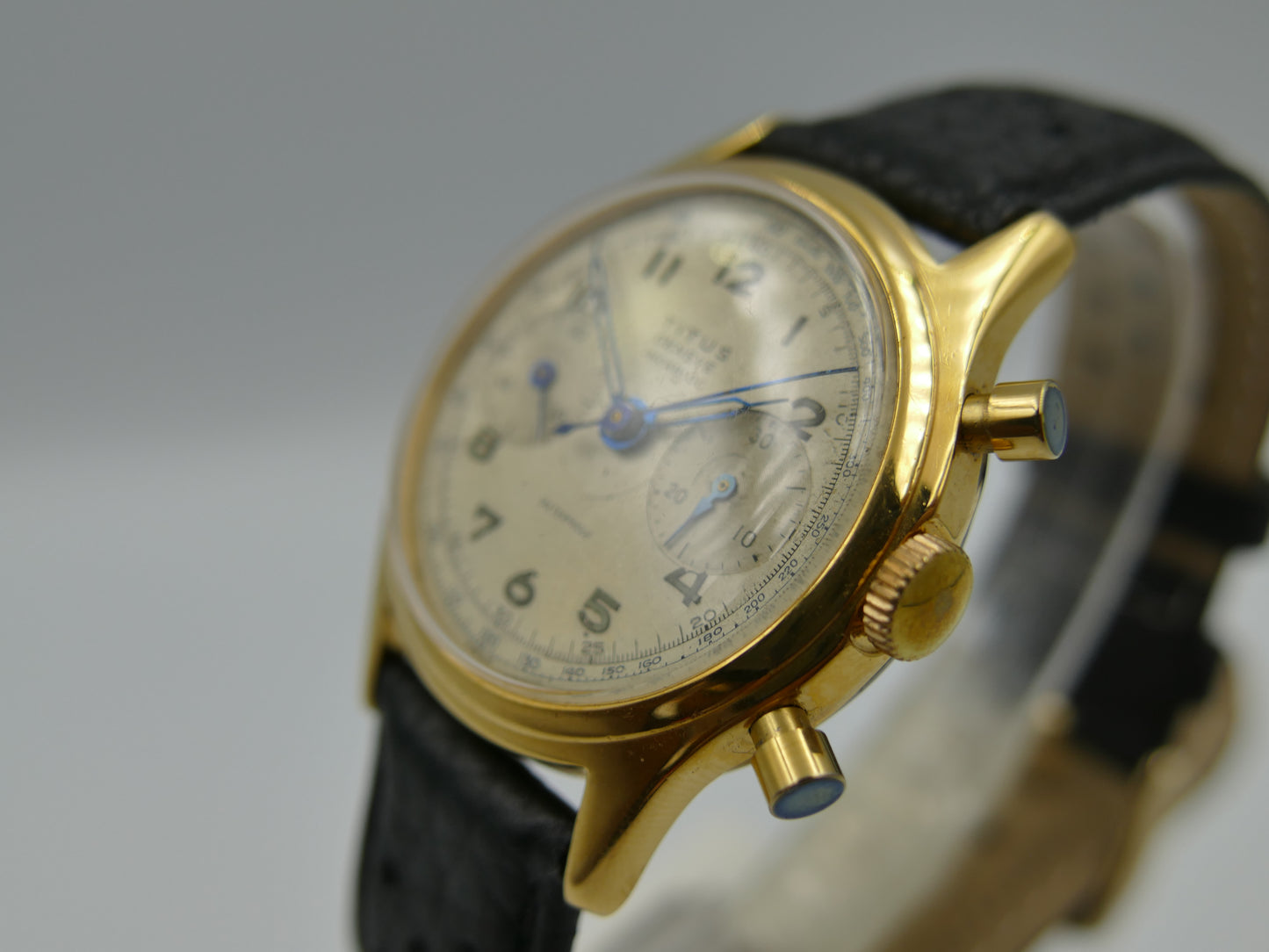 50's vintage watch mens Titus Genève ref 957 Chronograph Landeron 48 gold pl 37mm