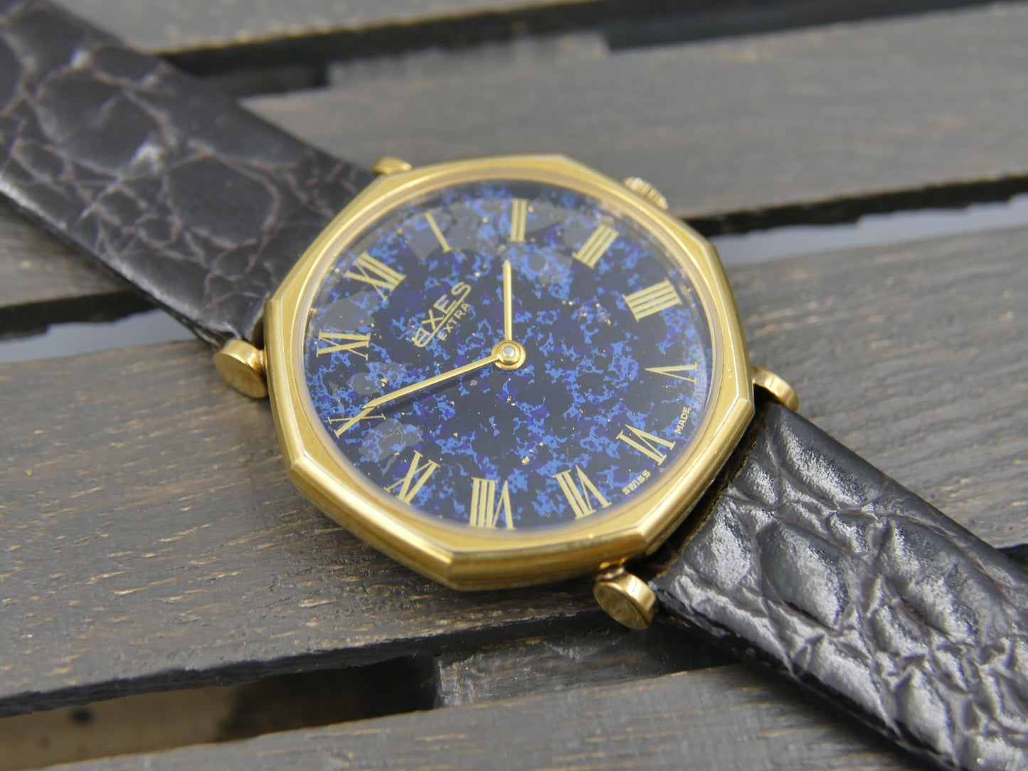 vintage watch mens swiss Axes extra thin Lapis Lazuli Peseux 7001 mint