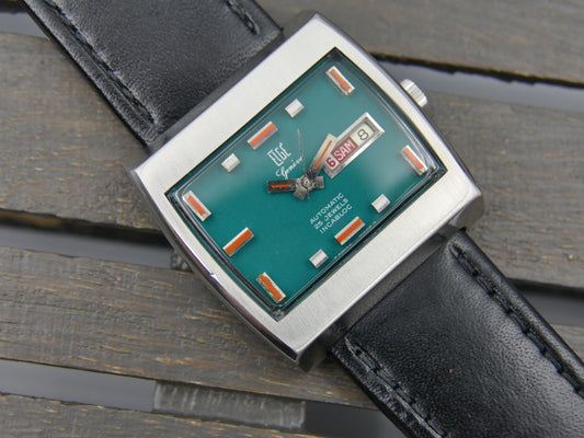 70s vintage watch mens swiss compressor Elgé geneve automatic 25 jewels green dial serviced