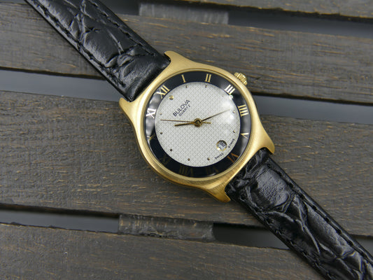 Bulova 97MO5 Roman Numeral Black Bezel Gold Tone SS Ladies Watch