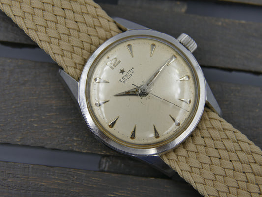 50s vintage watch mens Zenith Pilot cal. 120 serviced 35mm